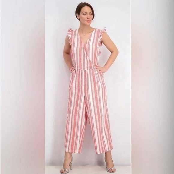 Old Navy Linen Blend Jumpsuit NWOT Sz S Striped Coral And White Belted Cropped - Picture 1 of 9